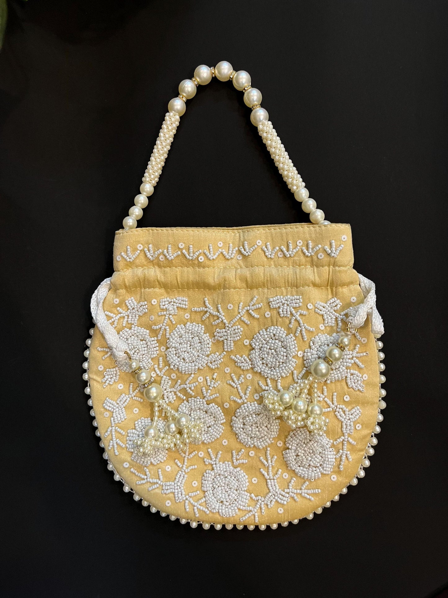 Beige Zardosi Potli Bag: Beaded Pearl Handle, Wedding Favor