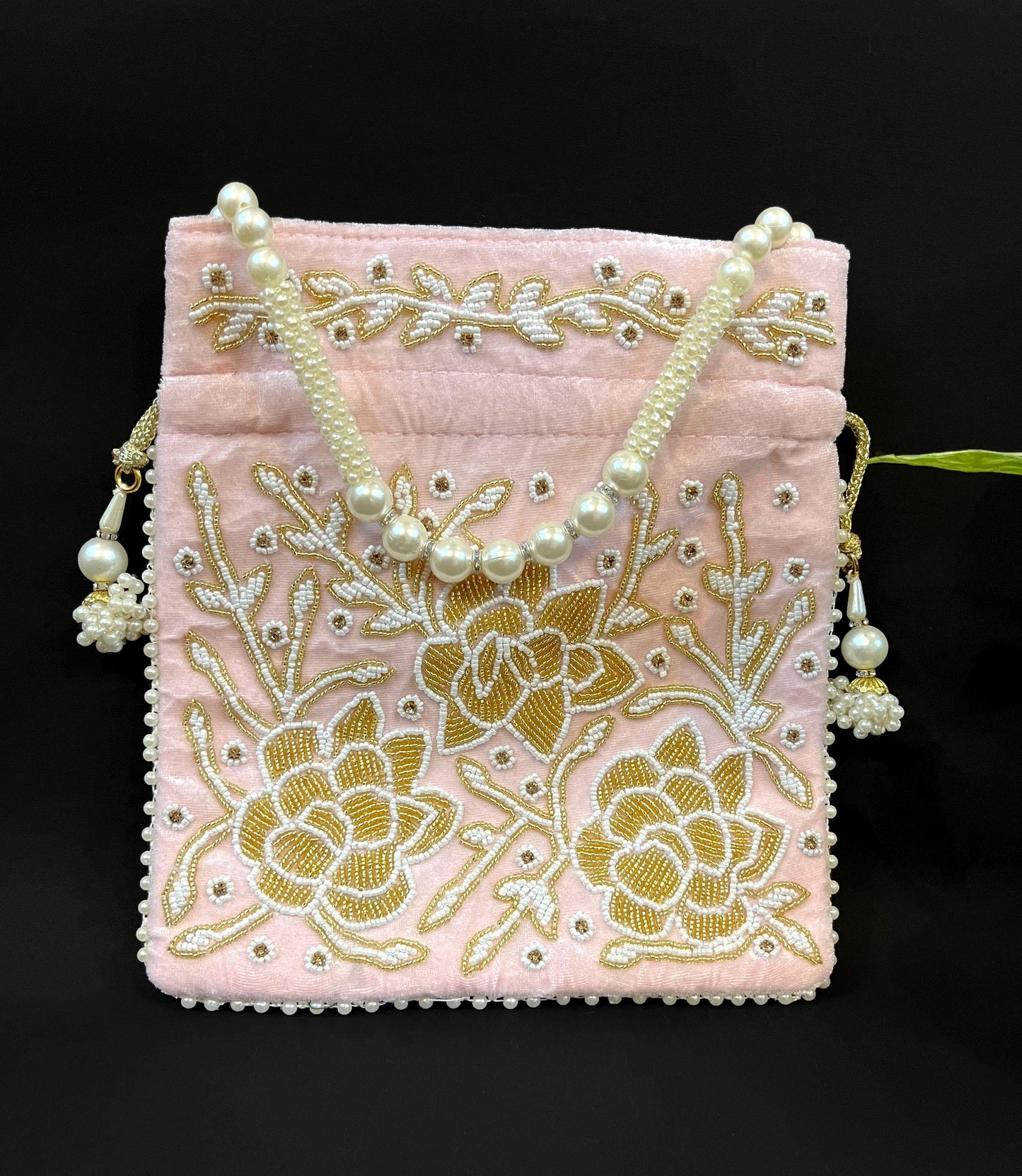 Embroidered Bridal Potli Bag: Pink Beaded Wedding Purse with Pearl Handle