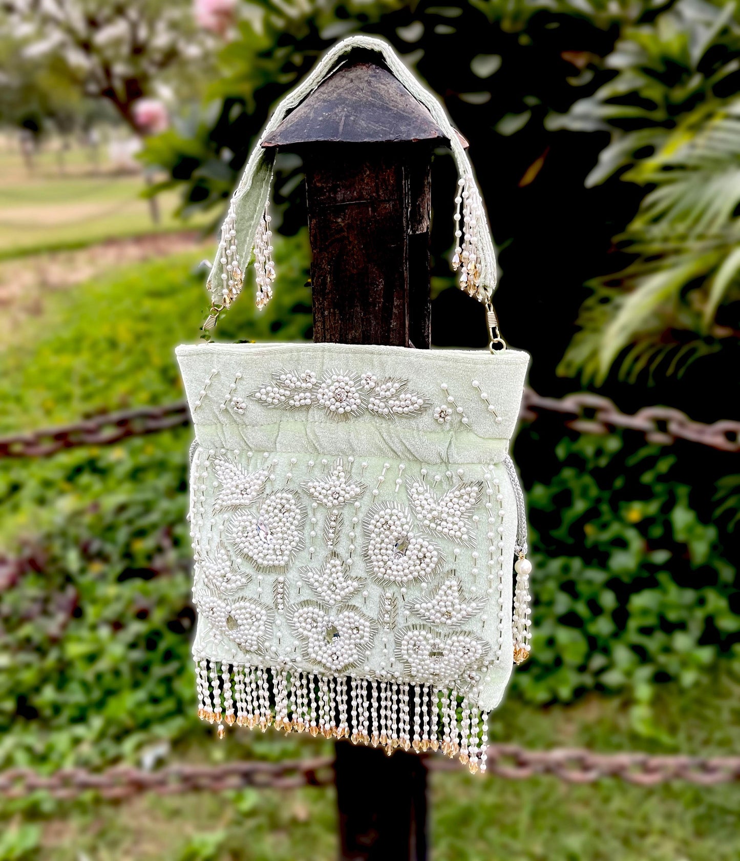 Handcrafted Beaded Potli Bag: Green Bridal Clutch