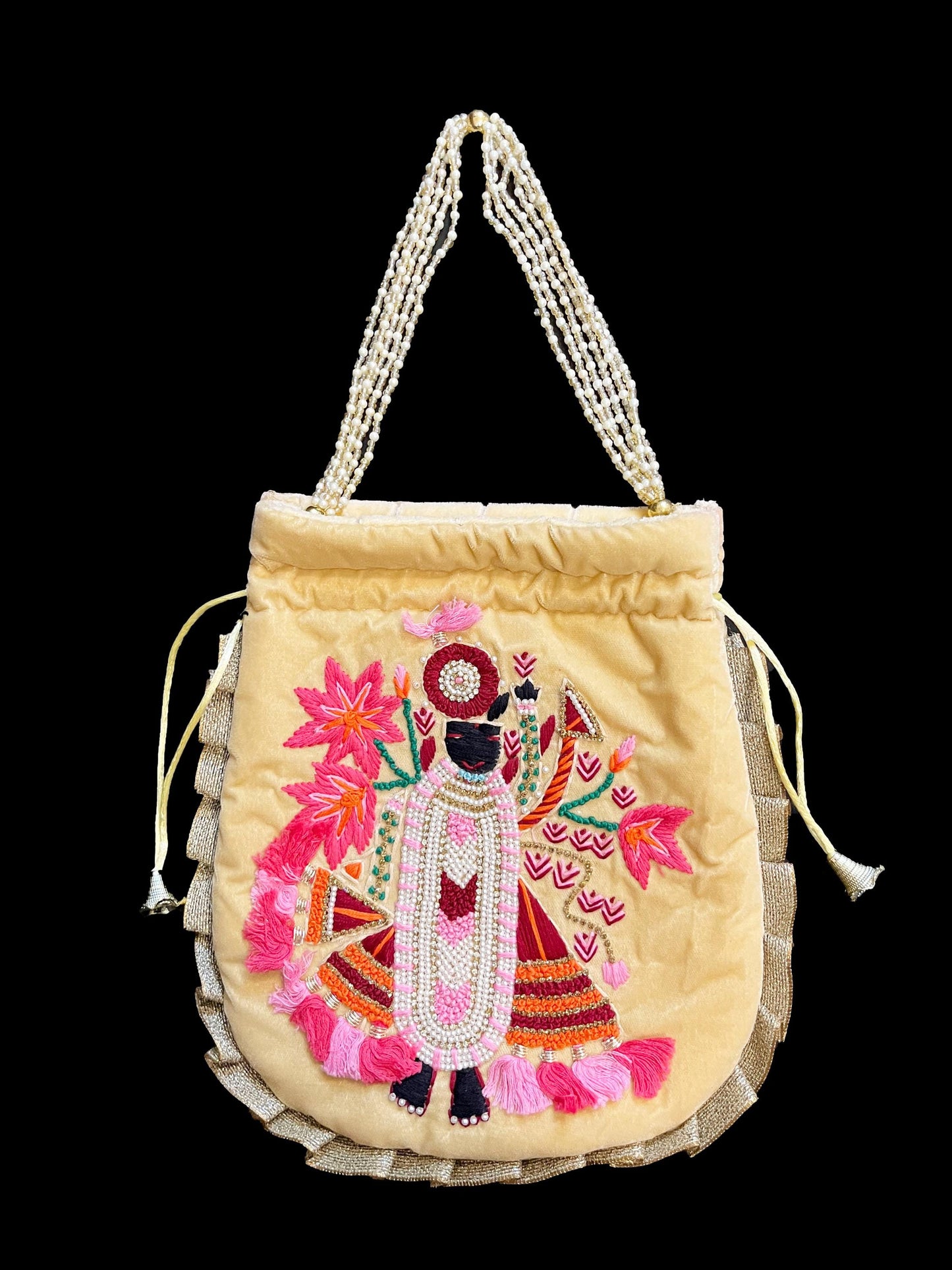 Hand embroidered Shreenath ji Velvet Beige Potli Bag for all Occasions