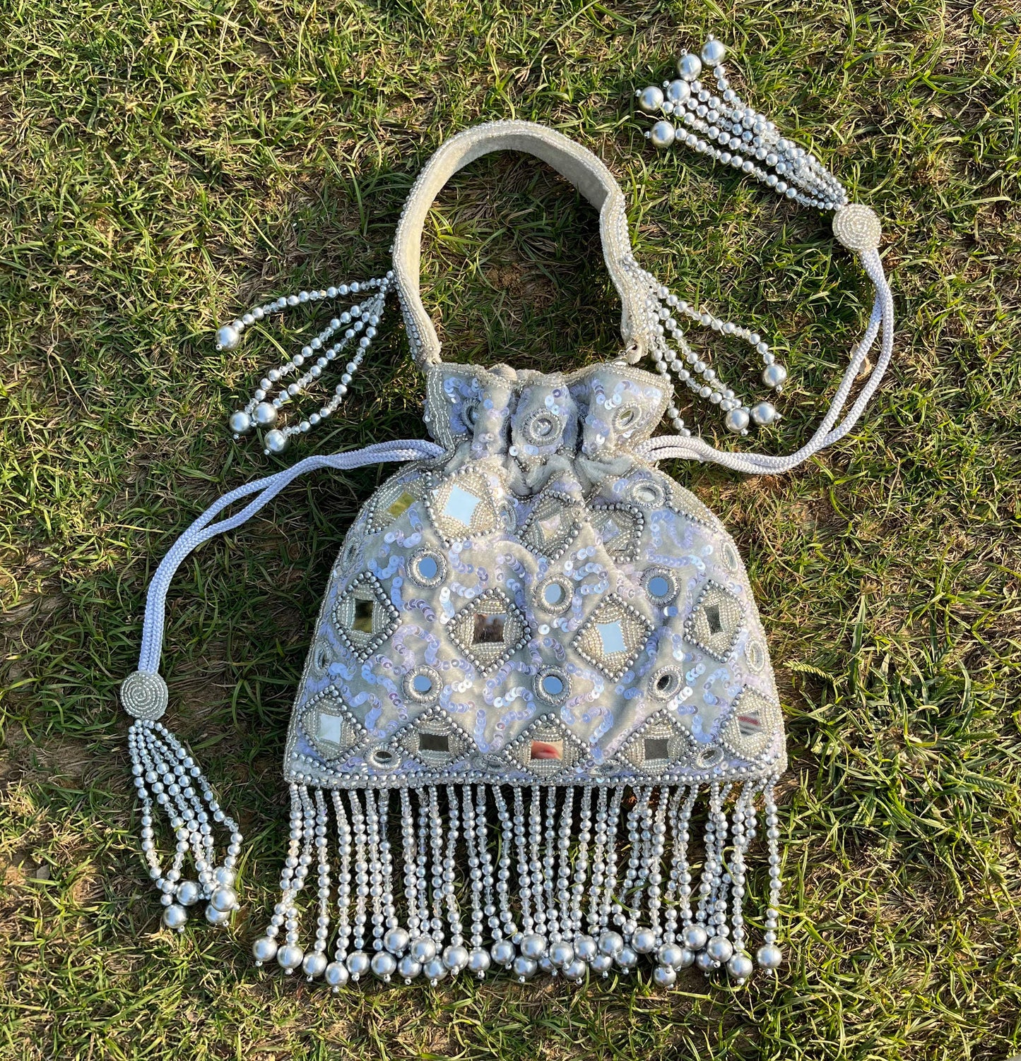 Handcrafted Gray Mirror Potli Bag: Bridal Wristlet Gift
