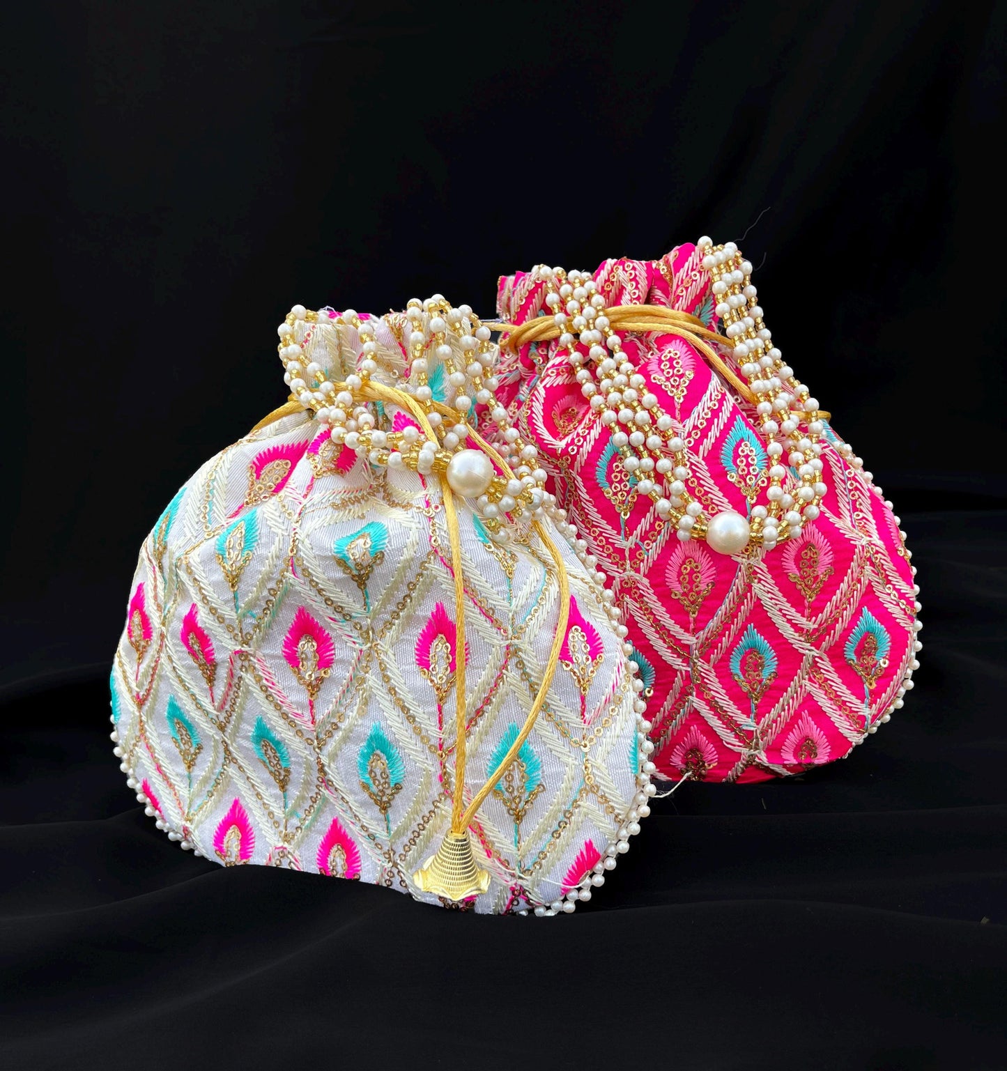 Embroidered Potli Bag: Indian Style Wedding Favor, Pink & White