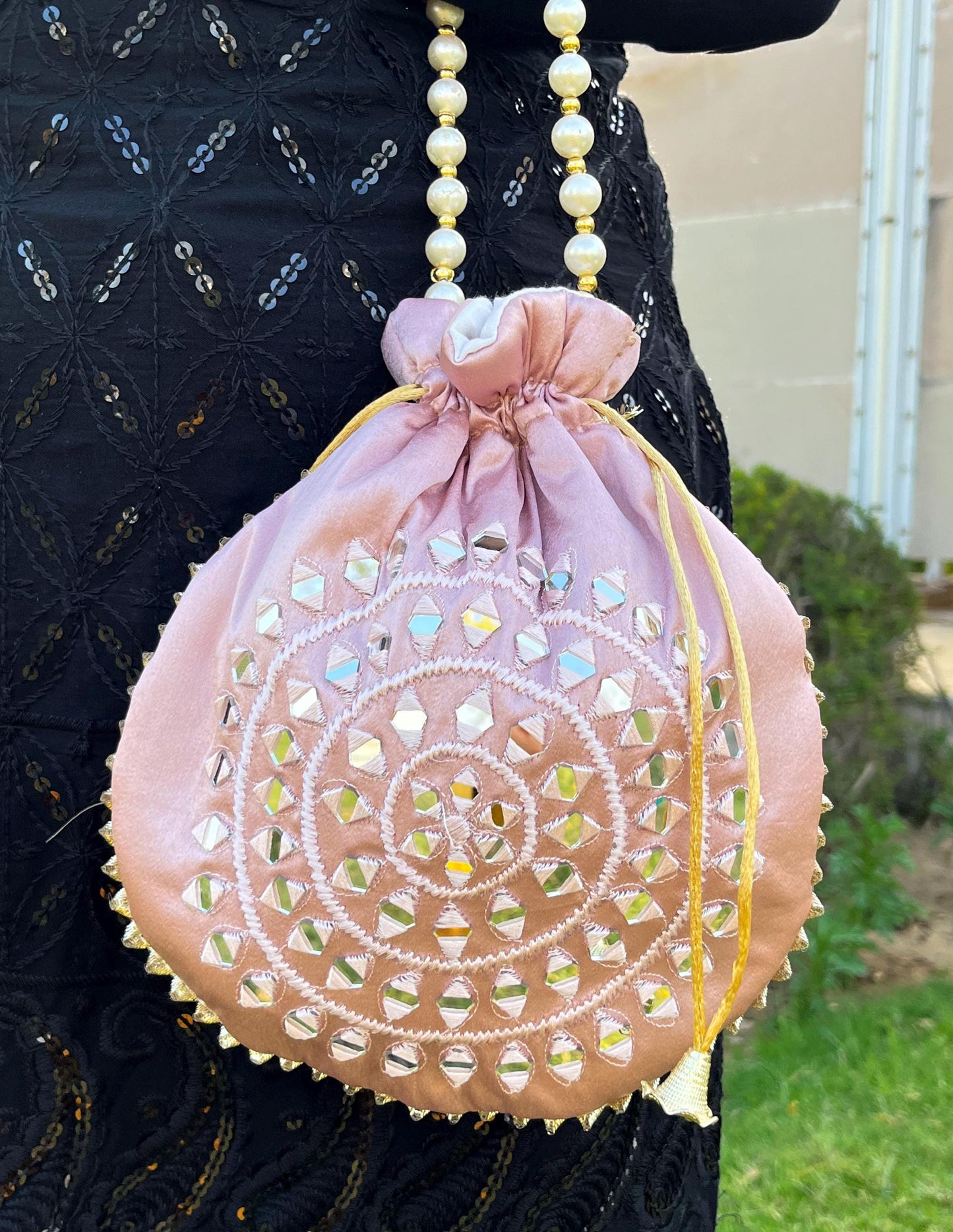 Mirror Work Indian Potli Bag: Pale Pink & Grey Wedding Favor