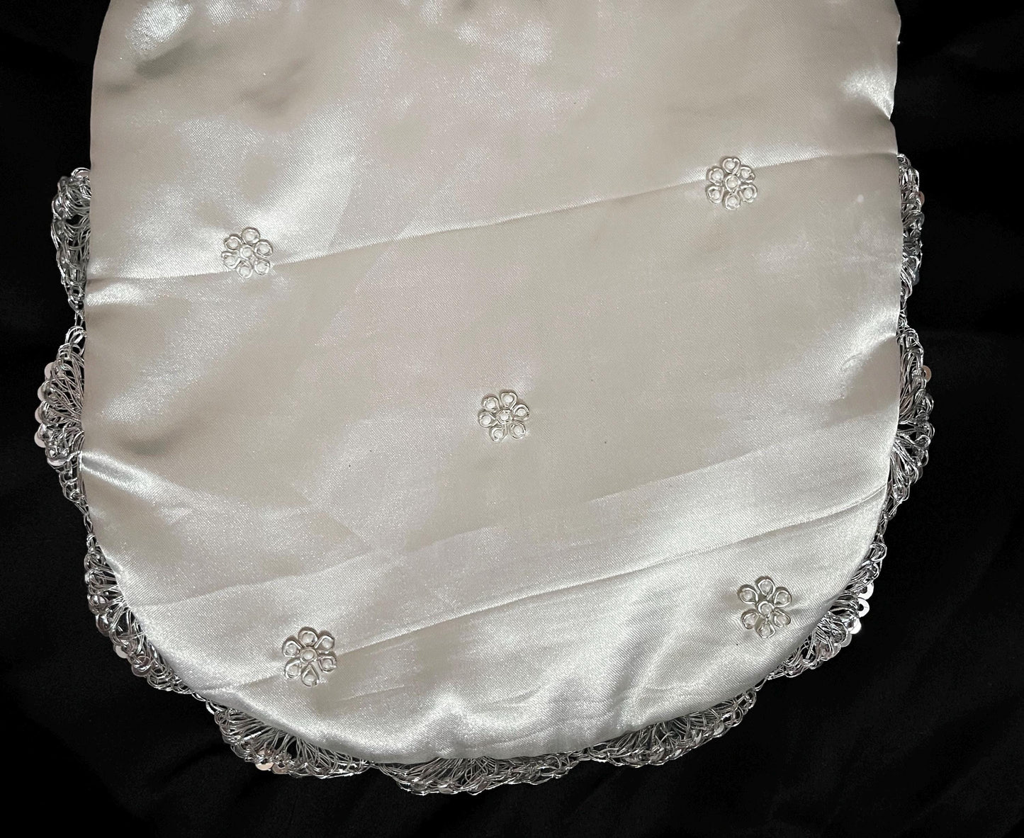 Silver Zardozi Embroidered Potli Bag: Handcrafted Satin Drawstring Purse