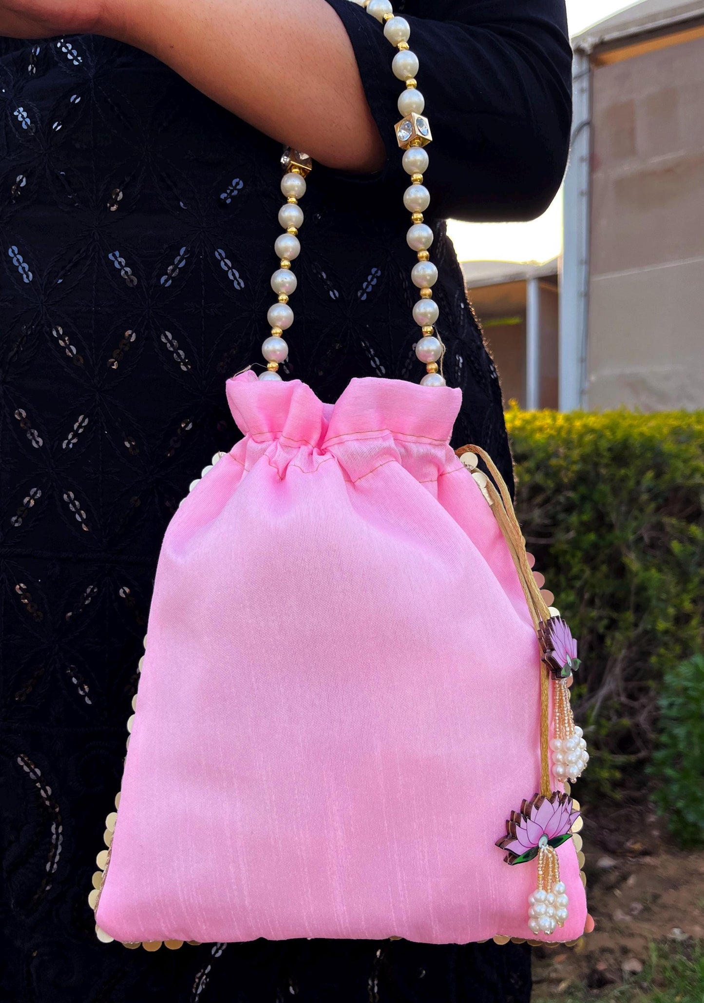 Pink Feather Zardozi Potli Bag: Indian Wedding Favor, Bridal Gift