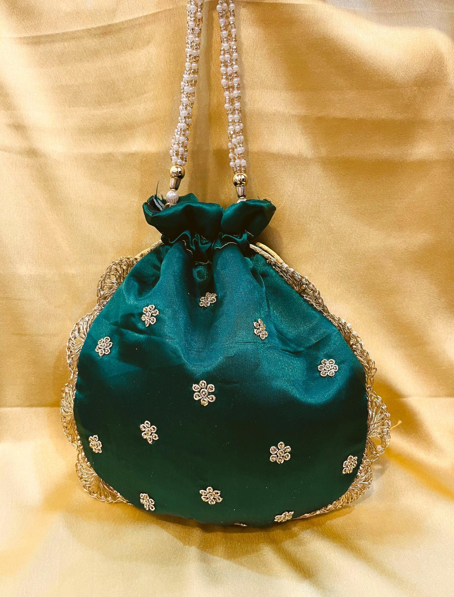 Stylish Indian Designer Zari Handwork Emerald Green Color Potli Bag with Drawstring pattern for all occasions