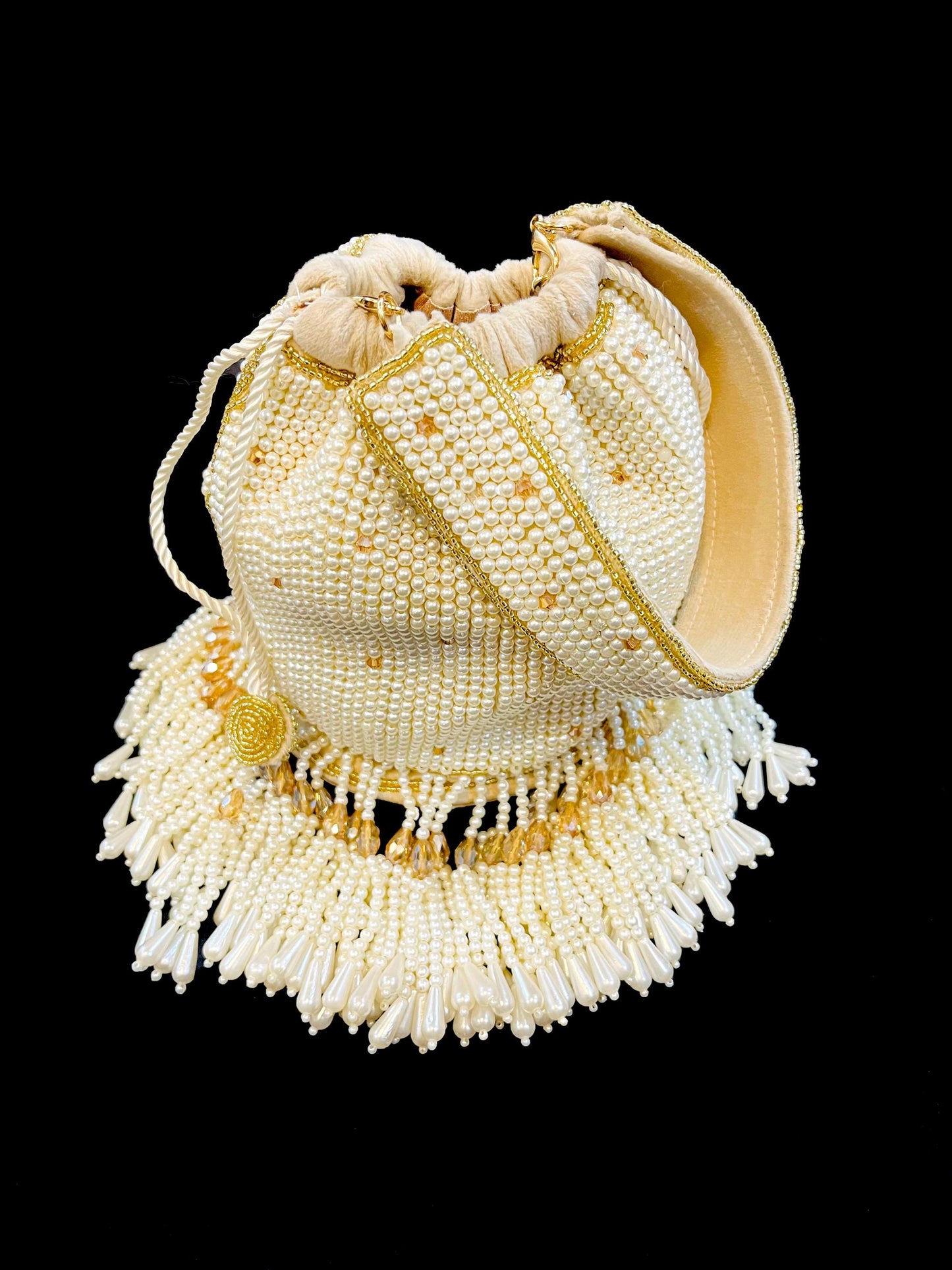 Embellished Off-White Color Pearl Potli Bag With Wrist Loop | Batawa Bag | Wedding | Party | Cocktail | Evening | Bridal | Wristlet | Gift