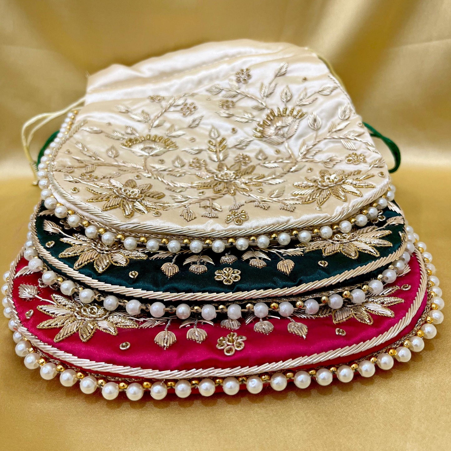 Zari Handwork Potli Bag: Emerald Green, Pink & Gold Indian Design