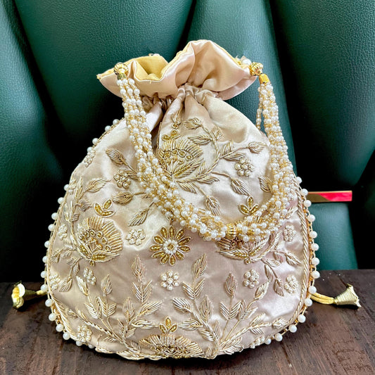 Champagne Gold Embroidered Potli Bag with Pearl Handle | Bridal Wedding Purse | Handmade Indian Ethnic Clutch | Designer Festive Bag