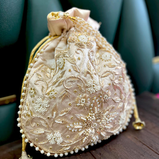 Champagne Gold Potli Bag: Pearl & Zardosi Embroidery, Bridal Purse