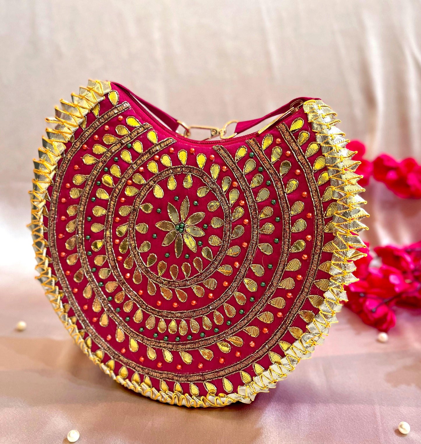 Gota Patti Clutch Bag: Round Embroidered Indian Wedding Purse