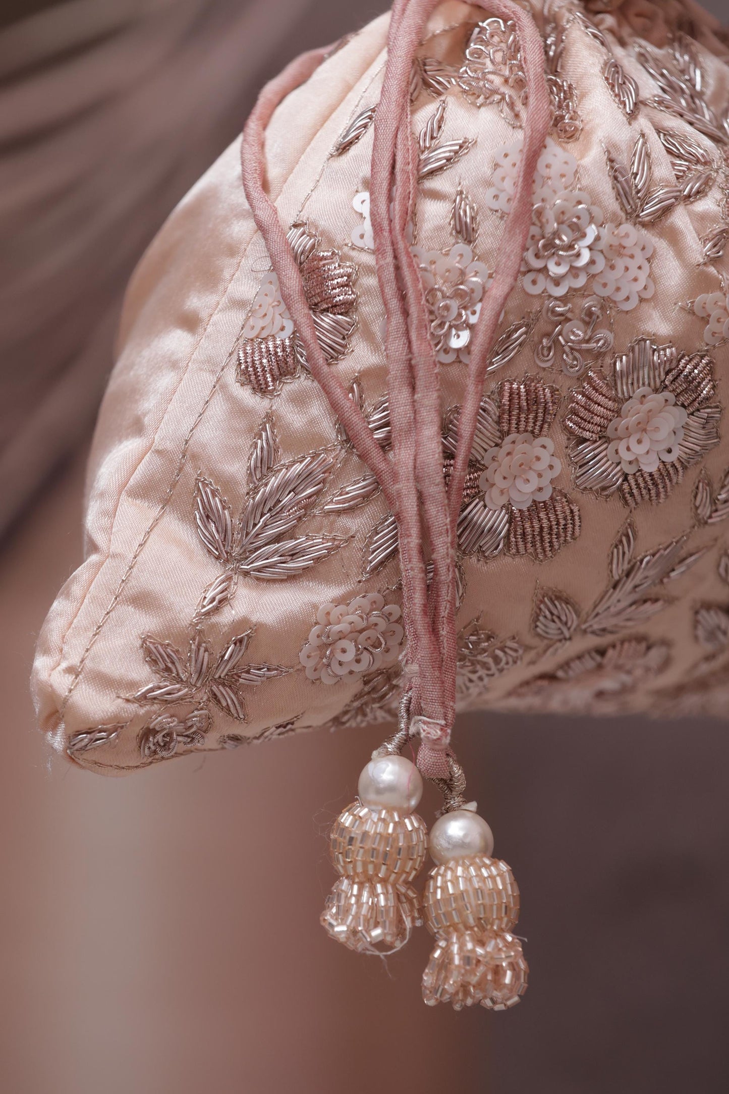 Luxury peach Gold Embroidered Potli Bag | Pearl Handle Indian Clutch | Wedding Bridesmaid Purse | Ethnic Gift Bag for Women | Festive Pouch