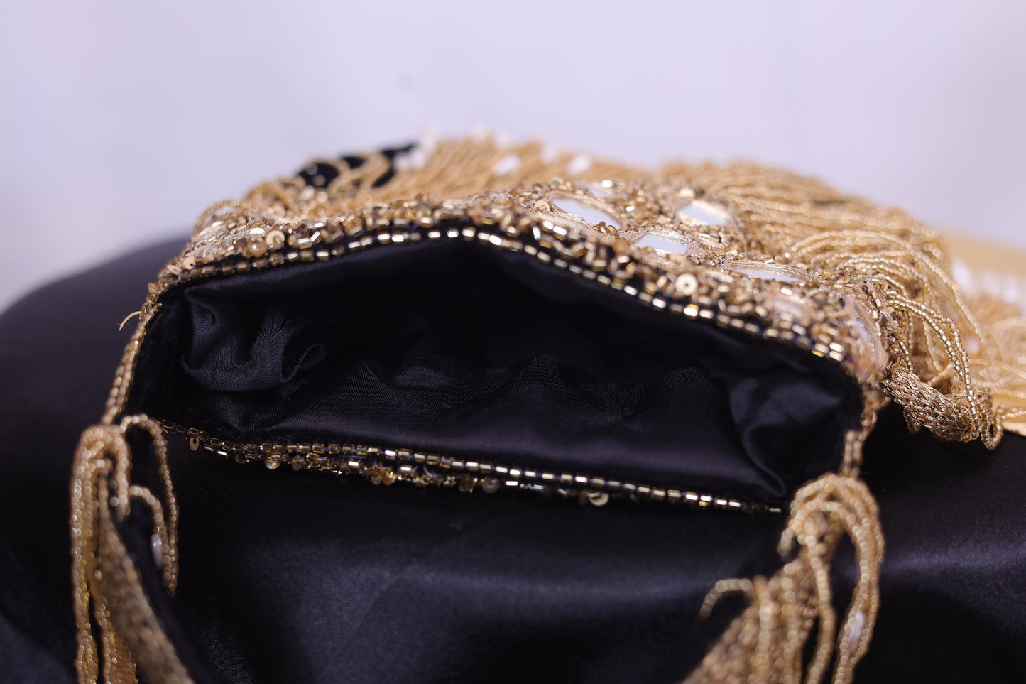 Luxury Gold Beaded Pearl Black Potli Bag | Handmade Bridal Purse | Indian Evening Handbag for Weddings, Parties & Special Occasions