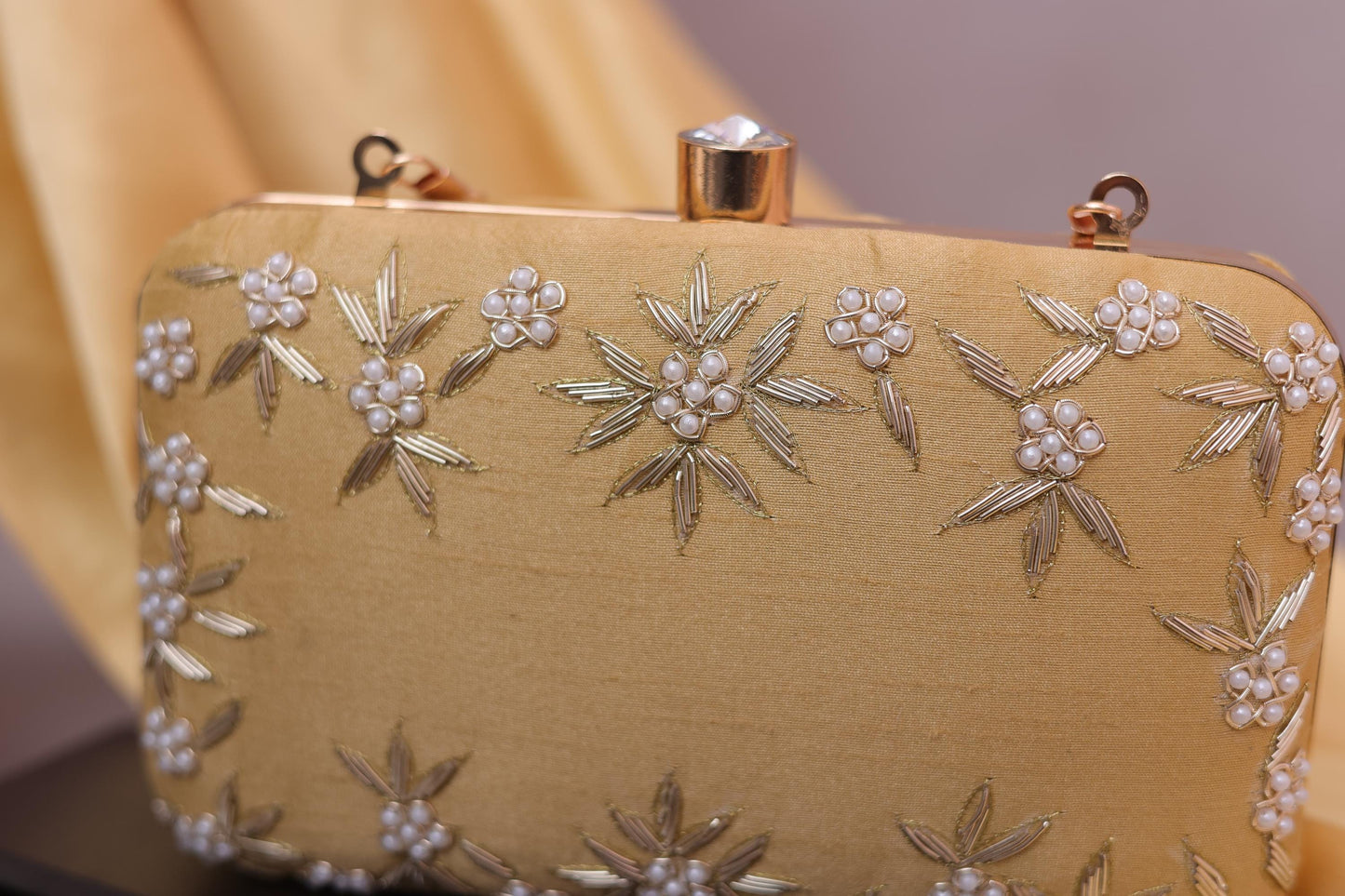 Gold Embroidered Clutch Bag | Pearl Beaded Evening Purse | Handmade Potli Box Bag for Wedding, Party & Bridesmaid Gift