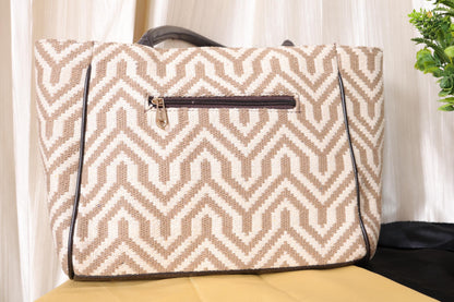 Beige Geometric Tote Bag with Zipper Pouch | Handmade Fabric Shoulder Bag for Daily Use, Work & Travel