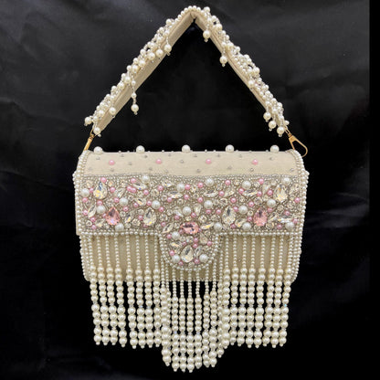 Luxury Pearl Fringe Bridal Clutch – Crystal Beaded Wedding & Party Handbag | Beige | Gray