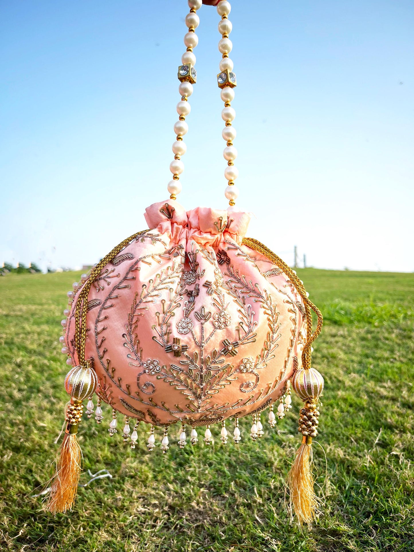 Peach Hand Embroidered Potli Bag with Pearl Handle | Bridal Beaded Drawstring Bag for Wedding & Festive Wear