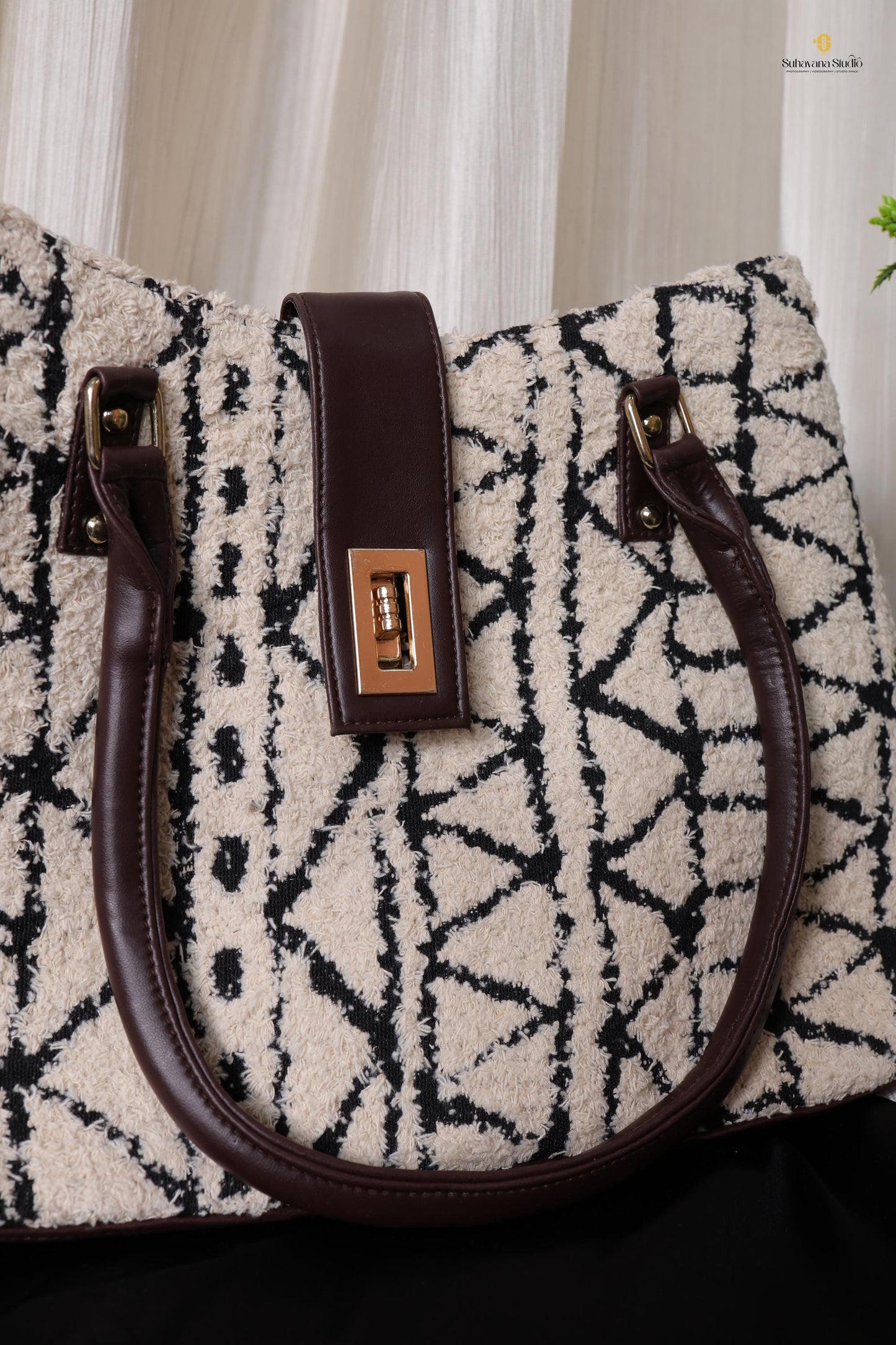 Black & Ivory Textured Tote Bag with Lock Closure | Handmade Geometric Fabric Shoulder Bag with Zipper Pouch