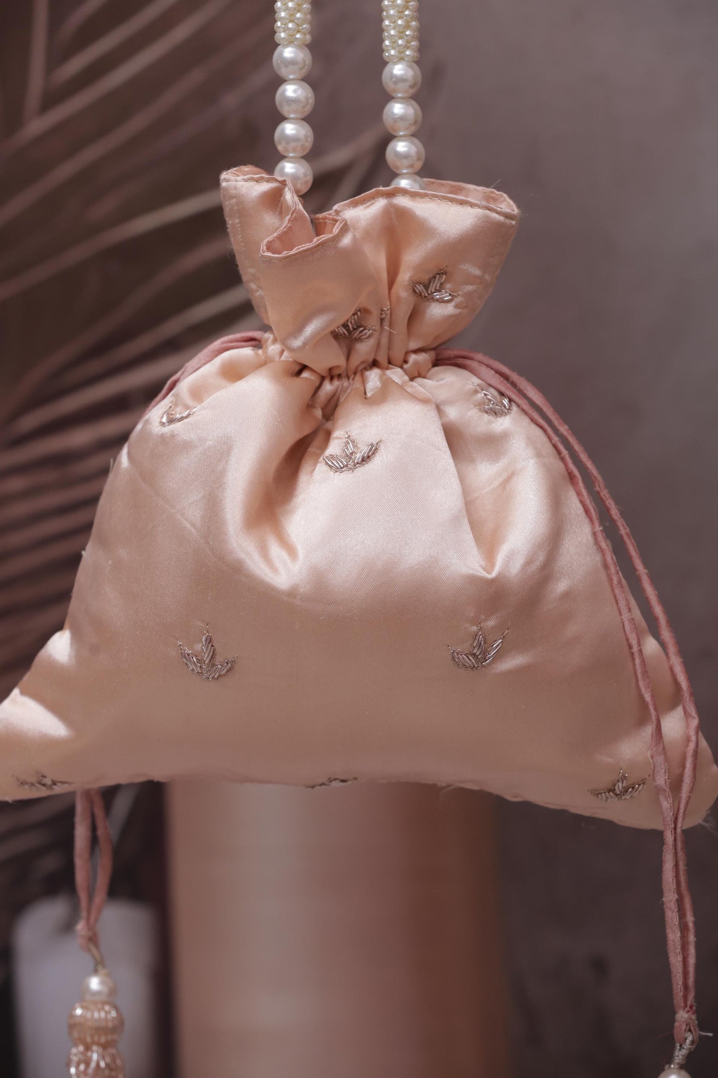Luxury peach Gold Embroidered Pearl Handle Potli Bag – Bridal Wedding Clutch Purse