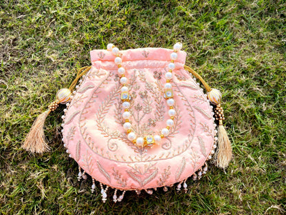 Peach Hand Embroidered Potli Bag with Pearl Handle | Bridal Beaded Drawstring Bag for Wedding & Festive Wear
