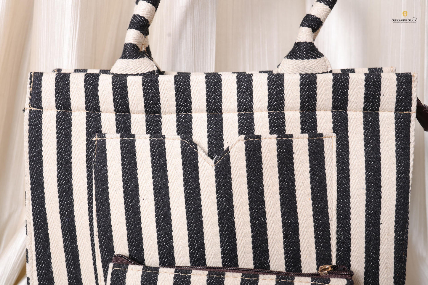 Handcrafted Black & Ivory Striped Tote Bag with Pouch for Everyday Use | Ayaana Creations
