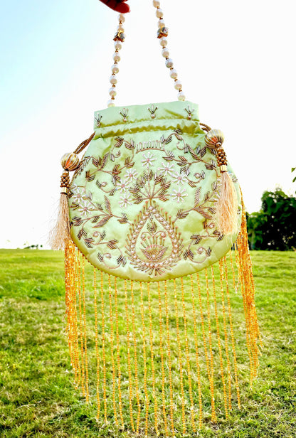 Mint Green Embroidered Pearl Potli Bag with Tassels – Handmade Bridal Potli