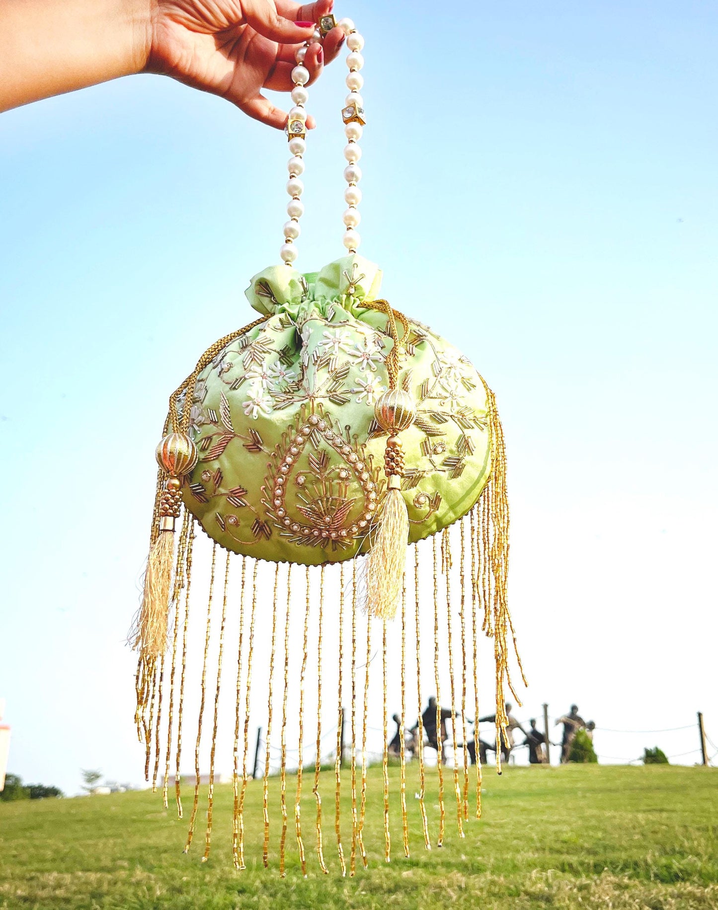 Mint Green Embroidered Pearl Potli Bag with Tassels – Handmade Bridal Potli