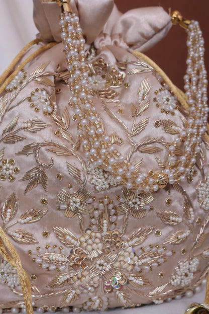 Champagne Gold Pearl Handle Embroidered Potli Bag