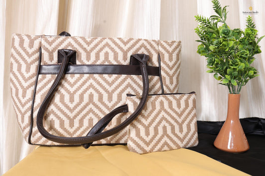 Beige Geometric Tote Bag with Zipper Pouch | Handmade Fabric Shoulder Bag for Daily Use, Work & Travel