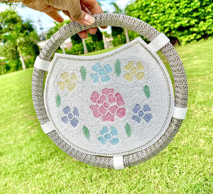 Handmade Beaded Floral Round Handbag with Metal Handle – Vintage Style Evening Bag