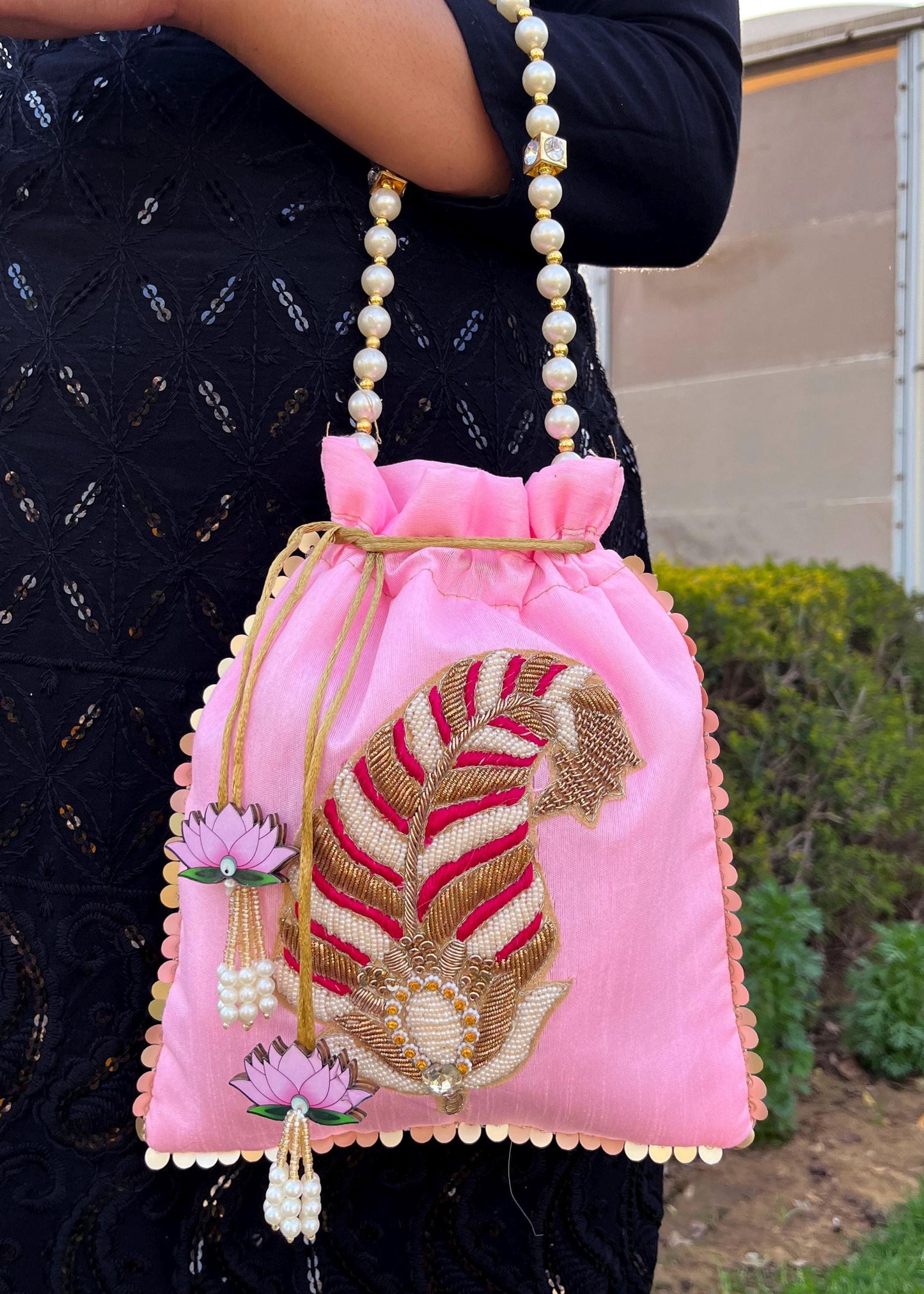 Blush Pink Embroidered Bridal Potli Bag – Handmade Pearl Handle Wedding Clutch Purse with Lotus Tassel