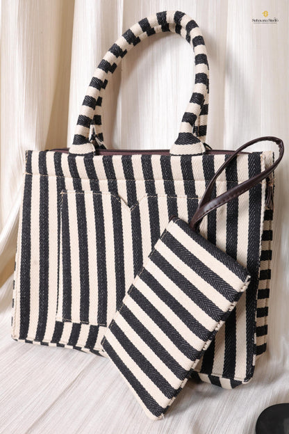 Handcrafted Black & Ivory Striped Tote Bag with Pouch for Everyday Use | Ayaana Creations