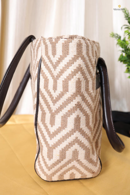 Beige Geometric Tote Bag with Zipper Pouch | Handmade Fabric Shoulder Bag for Daily Use, Work & Travel