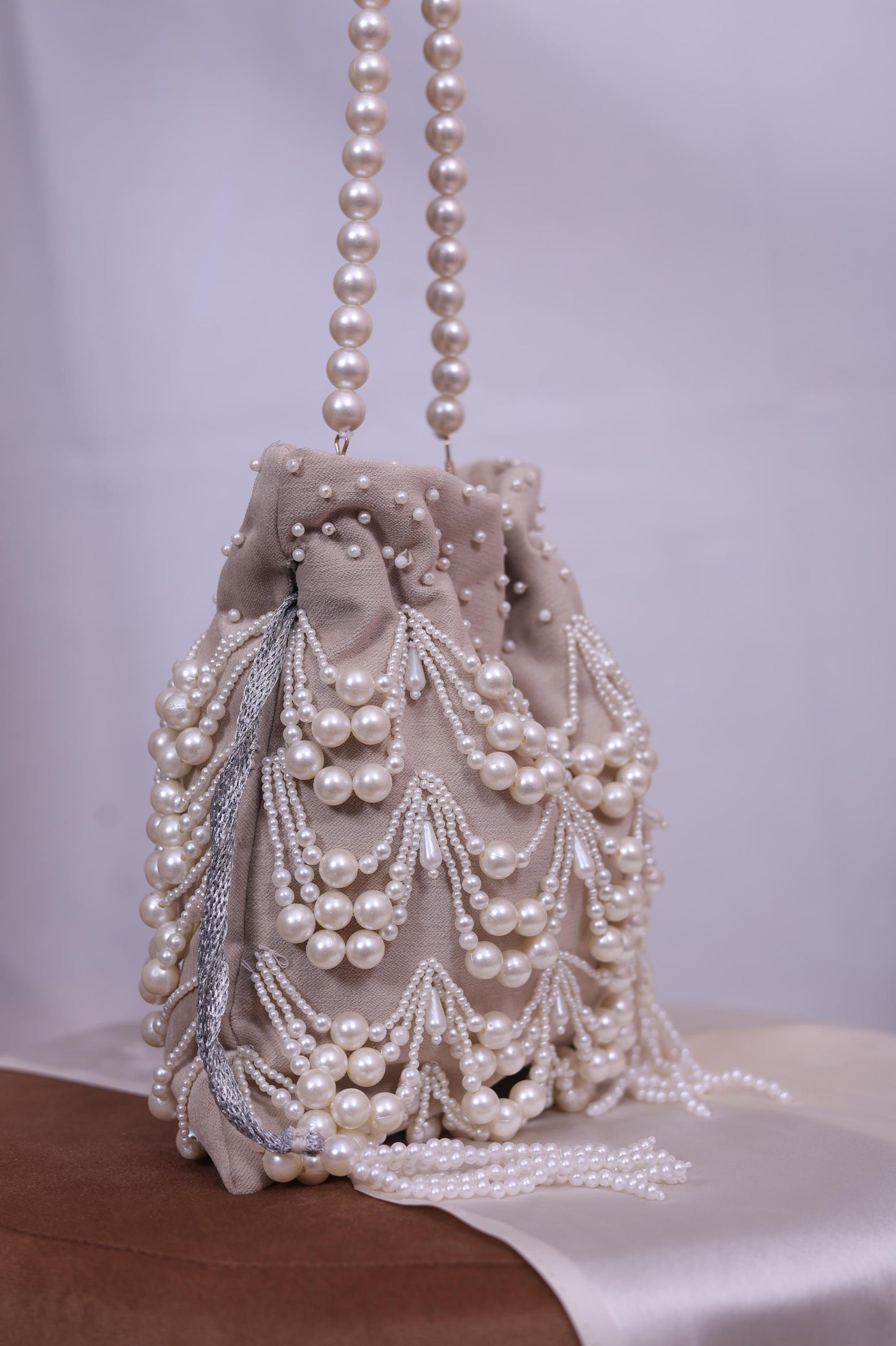 Luxury Pearl Beaded Potli Bag -Both Side| Handcrafted Beige Evening Clutch | Indian Wedding Purse | Bridal Party Bag | Handmade Gift for Her