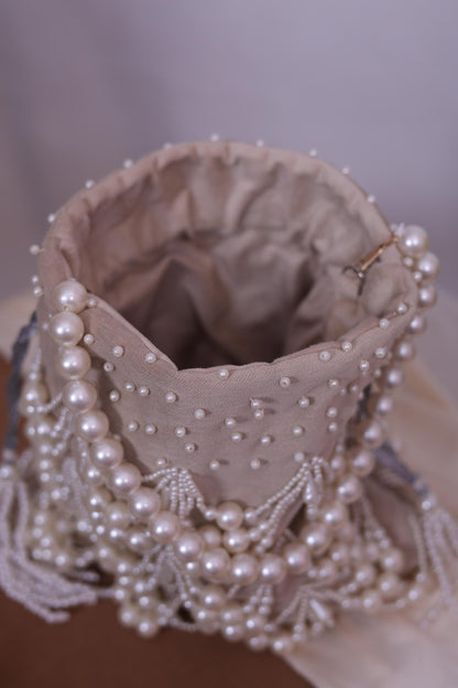 Luxury Pearl Beaded Potli Bag -Both Side| Handcrafted Beige Evening Clutch | Indian Wedding Purse | Bridal Party Bag | Handmade Gift for Her