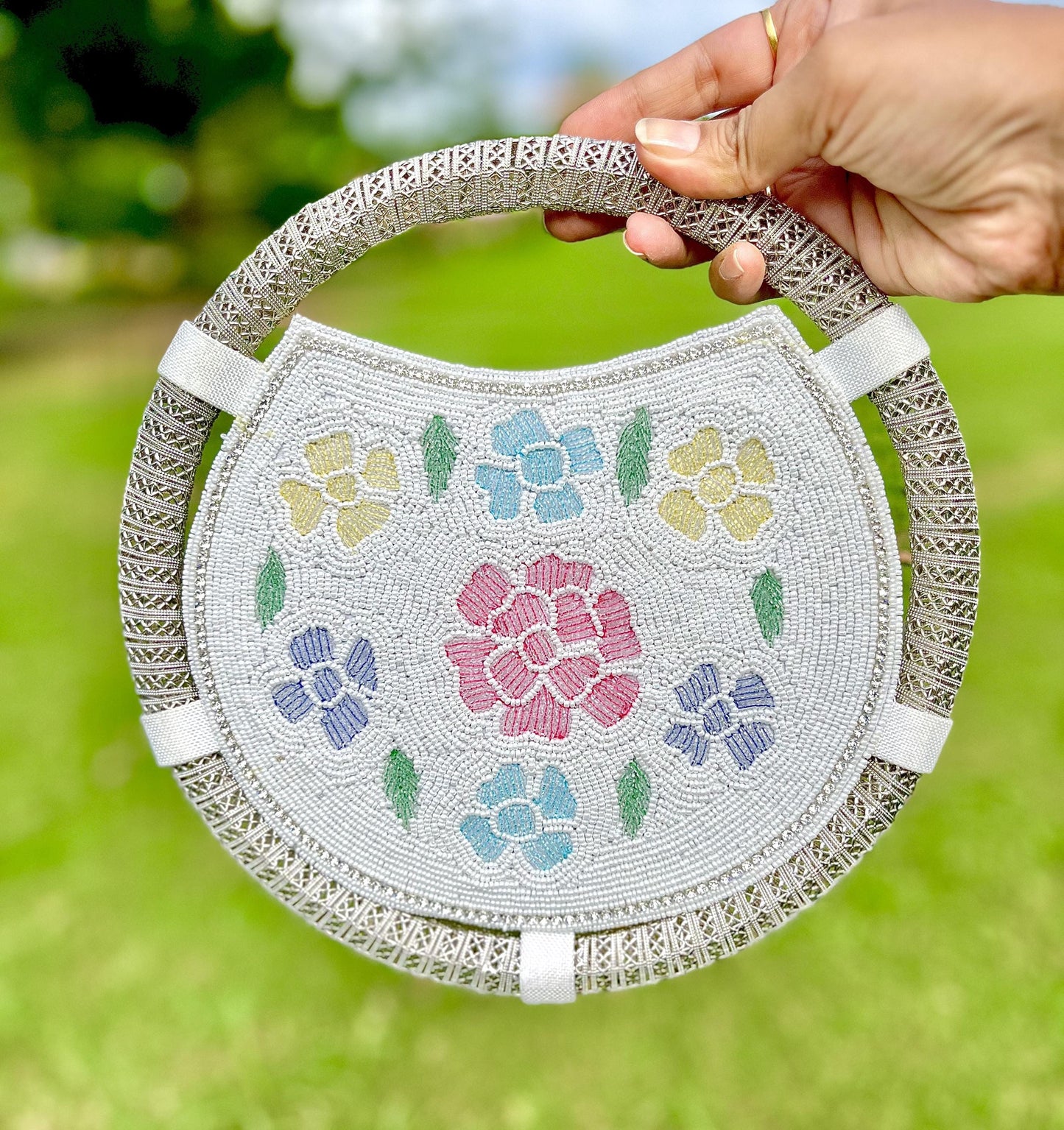 White Beaded Floral Handbag: Round Wedding Clutch with Sling Chain