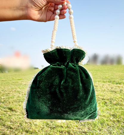Emerald Green Velvet Beaded Potli Bag: Handcrafted Party Favor