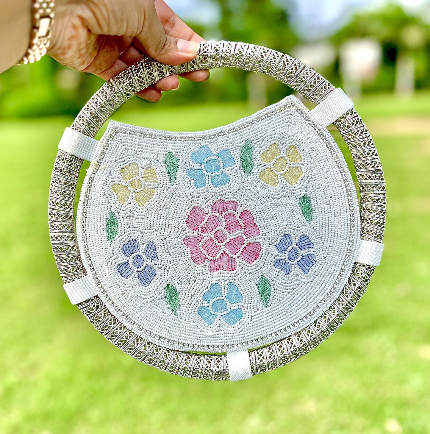 White Beaded Floral Handbag: Round Wedding Clutch with Sling Chain