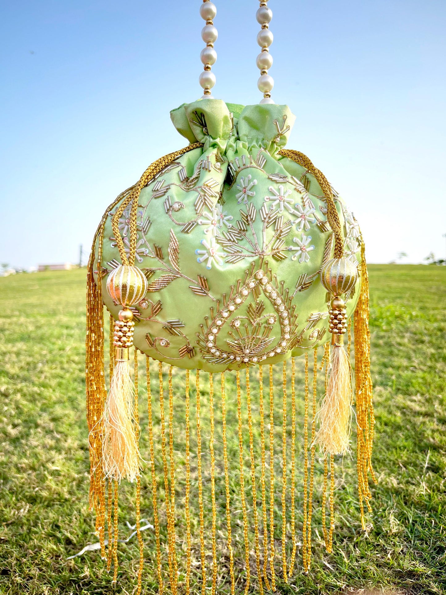 Mint Green Embroidered Pearl Potli Bag with Tassels – Handmade Bridal Potli