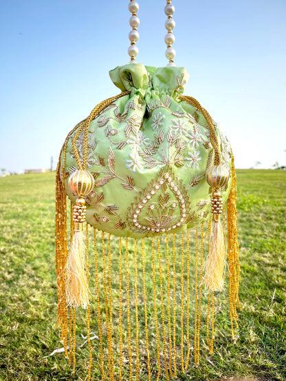 Mint Green Embroidered Pearl Potli Bag with Tassels – Handmade Bridal Potli