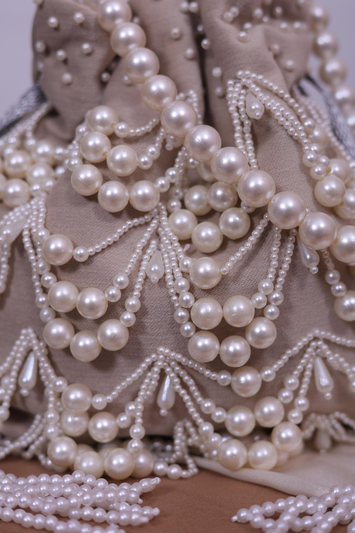 Luxury Pearl Beaded Potli Bag -Both Side| Handcrafted Beige Evening Clutch | Indian Wedding Purse | Bridal Party Bag | Handmade Gift for Her