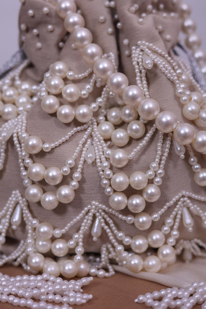 Luxury Pearl Beaded Potli Bag -Both Side| Handcrafted Beige Evening Clutch | Indian Wedding Purse | Bridal Party Bag | Handmade Gift for Her