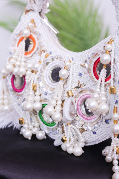 Statement Pearl Beaded Handbag – Designer Embellished Party Clutch with Tassels
