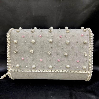 Luxury Pearl Fringe Bridal Clutch – Crystal Beaded Wedding & Party Handbag | Beige | Gray