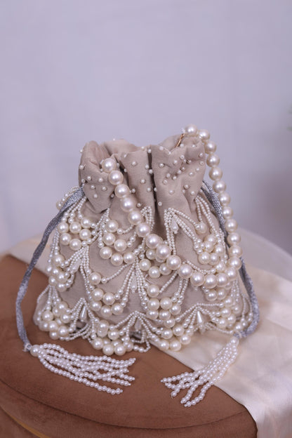 Luxury Pearl Beaded Potli Bag -Both Side| Handcrafted Beige Evening Clutch | Indian Wedding Purse | Bridal Party Bag | Handmade Gift for Her