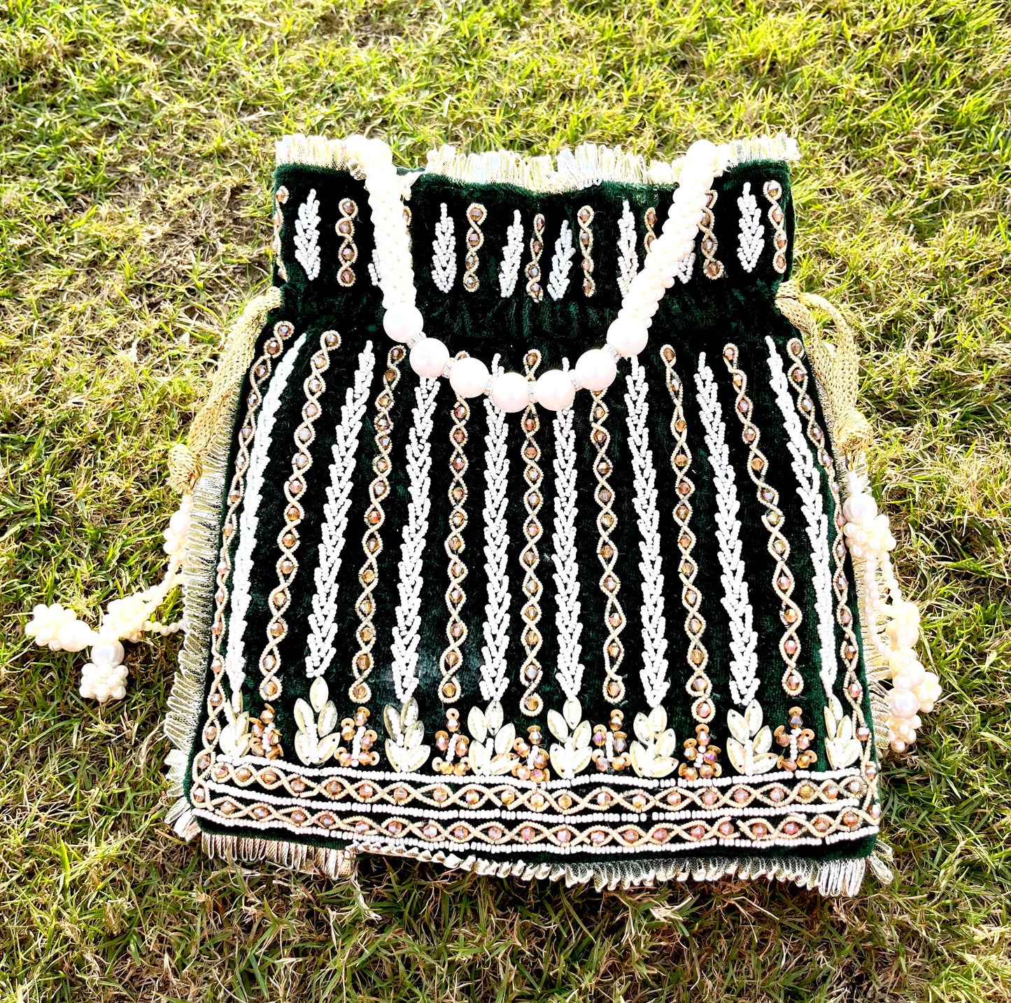 Emerald Green Velvet Beaded Potli Bag: Handcrafted Party Favor