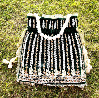 Emerald Green Velvet Beaded Potli Bag: Handcrafted Party Favor
