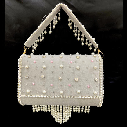 Luxury Pearl Fringe Bridal Clutch – Crystal Beaded Wedding & Party Handbag | Beige | Gray