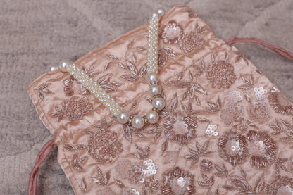 Luxury peach Gold Embroidered Pearl Handle Potli Bag – Bridal Wedding Clutch Purse