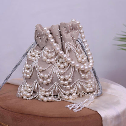 Luxury Pearl Beaded Potli Bag -Both Side| Handcrafted Beige Evening Clutch | Indian Wedding Purse | Bridal Party Bag | Handmade Gift for Her